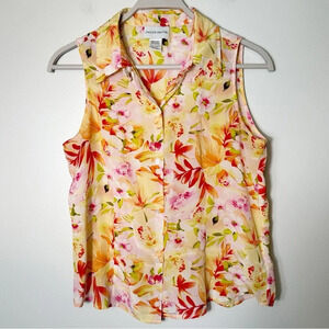 Jaclyn Smith 100% Silk Sleeveless Floral Button Up Top Shirt Blouse Size Medium